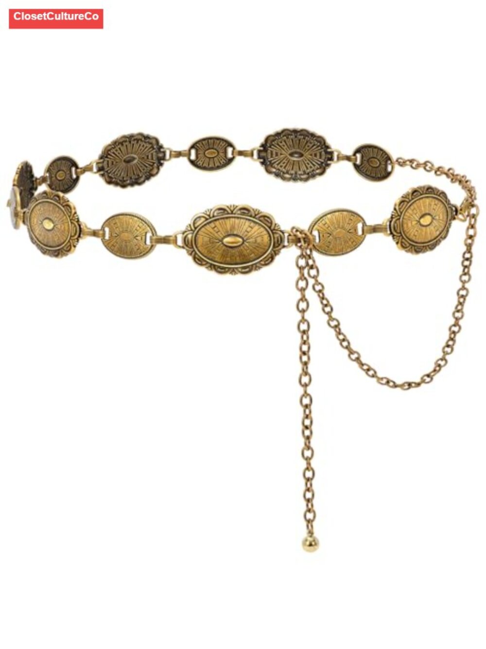 Western Concho Chain Belt Metal Adjustable Waist Belt for Dresses